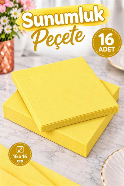 Düz Sarı Renkli Sunumluk Peçete 16 Adet Dekoratif Estetik Doğum Günü Parti Konsepti 16x16 Cm