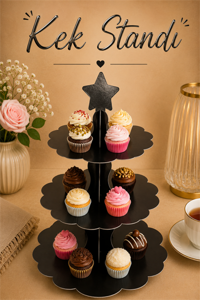Düz Siyah Kek Standı Karton Cup Cake Muffin Standı 3 Katlı Piramit Kurabiye Kulesi Konsept Renk