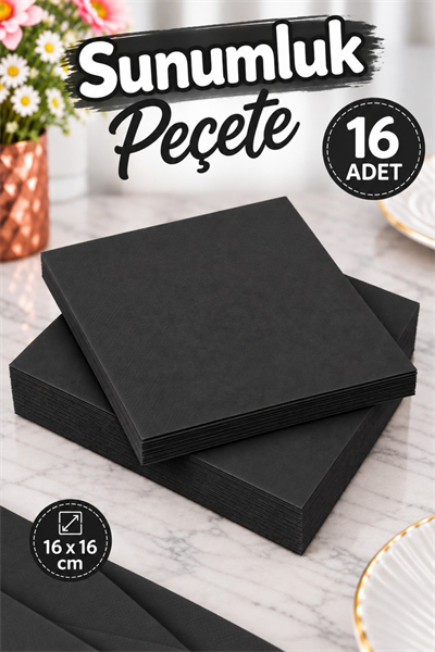 Düz Siyah Renkli Peçete Sunumluk Dekoratif Estetik 16 Adet Doğum Günü Parti Konsepti 16x16 Cm