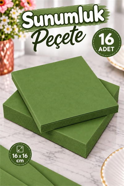 Düz Yeşil Renkli Yüksek Emiş Güçlü 16 Adet Peçete Dekoratif Doğum Günü Parti Konsepti 16x16 Cm