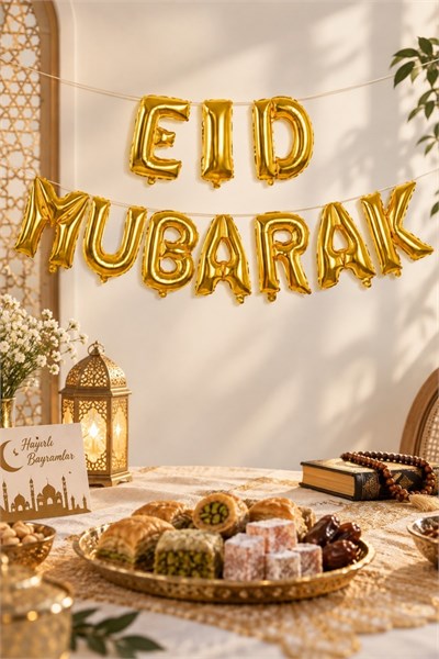 Eid Mubarak Folyo Balon Gold Ramazan Bayramı Temalı Dini Duvar Dekoru Bayram Parti Süslemesi Seti