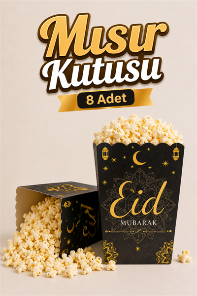 Eid Mubarak Yazılı Mısır Kutusu 8 Adet 8x12 Cm Pop Corn Darı Kabı Ramazan Bayramı Cips Kutusu Gb