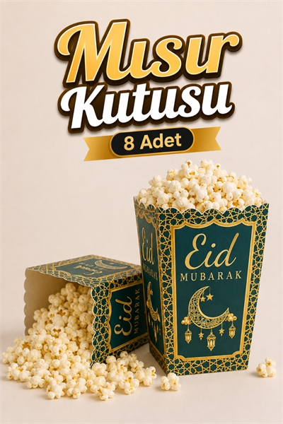 Eid Mubarak Yazılı Mısır Kutusu 8 Adet 8x12 Cm Pop Corn Darı Kabı Ramazan Bayramı Cips Kutusu