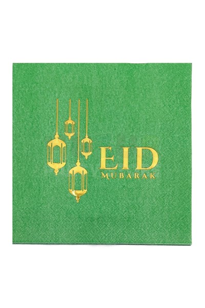 Eid Mubarak Yeşil Gold Yaldızlı Peçete 16 Adet 16x16 Cm Altın Varaklı Ramazan Bayramı Dini Süsü