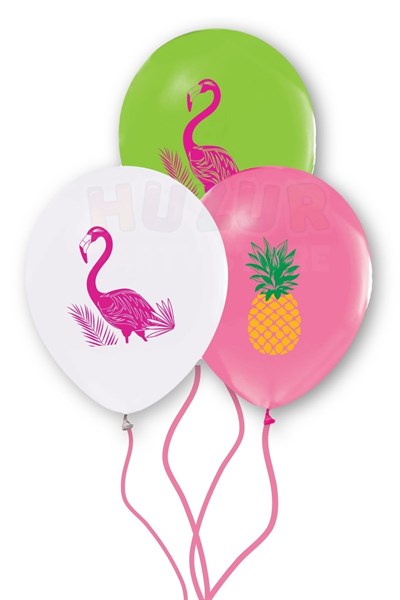 Flamingo Baskılı Balon 10 Adet 30 Cm Ananas Yaprak Detaylı Doğum Günü Partisi Temalı Konsepti Süs