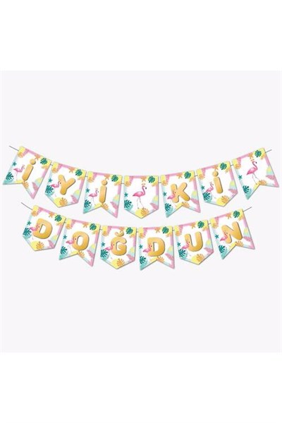 Flamingo Temalı Ananas Yaprak Parti Konsepti 2 Metre Iyiki Doğdun Yazısı Karton Yazı Zigzag Banner