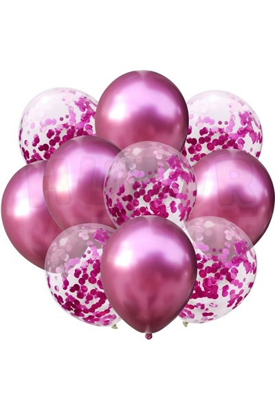 Fuşya Konfetili Şeffaf Ve Fuşya Krom Balon Seti 20 Adet 30cm Içi Gözüken Koyu Pembe Pullu Balon Pulu