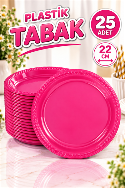 Fuşya Renginde 22cm 25li Parlak Tabak Renkli Dayanıklı Koyu Pembe Plastik Doğum Günü Parti Tabağı