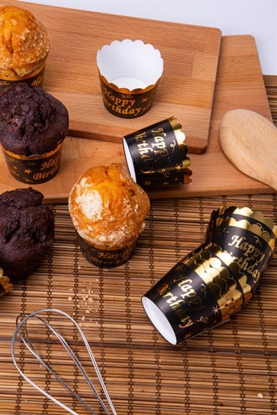Gold Altın Yaldızlı Siyah 12li Kek Kalıbı Happy Birthday Yazılı Fırında Dağılmayan 6.5x5 Cm Muffin