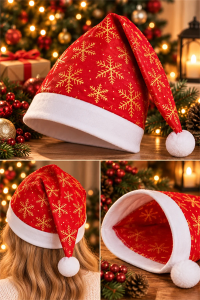 Gold Kar Tanesi Baskılı Kırmızı Yılbaşı Şapkası Yeni Yıl Noel Baba Şapkası Kadın Erkek Aksesuarı