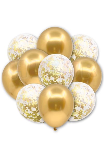 Gold Konfetili Şeffaf Ve Gold Krom Balon Seti 20 Adet 30 Cm Içi Gözüken Altın Sarısı Balon Pulu
