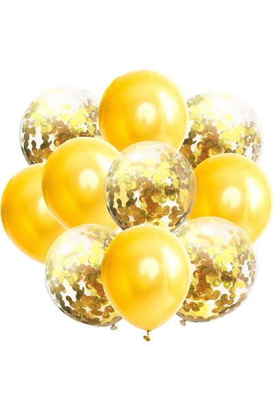 Gold Konfetili Şeffaf Ve Sarı Metalik Balon Seti 20 Adet 30 Cm Içi Gözüken Altın Sarısı Pullu Balon