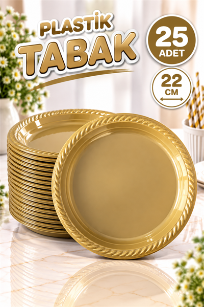 Gold Renginde 22cm 25li Parlak Tabak Renkli Dayanıklı Altın Plastik Doğum Günü Parti Tabağı
