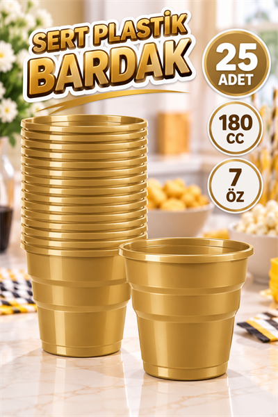 Gold Renk 25 Li Plastik Bardak Altın Rengi 180 Cc 7 Oz Sert Doğum Günü Partisi Meşrubat Bardağı