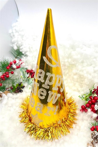 Gold Renk Yılbaşı Şapkası Karton Happy New Year Baskılı Simli Parlak Püsküllü Altın Sarısı Büyük Boy