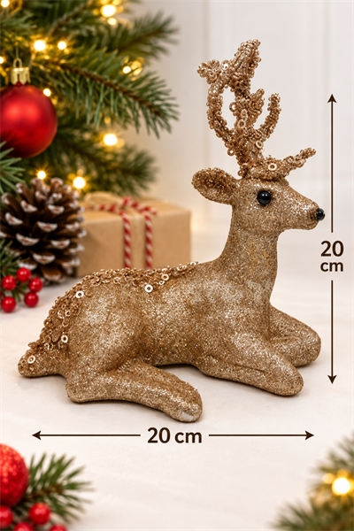 Gold Renkli Oturan Zarif Geyik Simli 20x20 Cm Sırtı Boynuzu Pul Detaylı Yeni Yıl Yılbaşı Süsü Dekoru