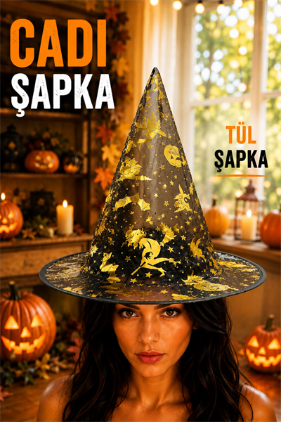 Gold Siyah Tül Şapka Halloween Partisi Cadılar Bayramı Altın Sarısı Unisex Cadı Kedi Yarasa Detaylı