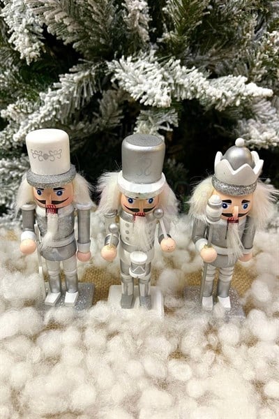 Gümüş Fındıkkıran 3lü Set 15 Cm Mızrak Davul Tüfekli Kurşun Asker Nutcracker Yılbaşı Yeni Yıl Dekor