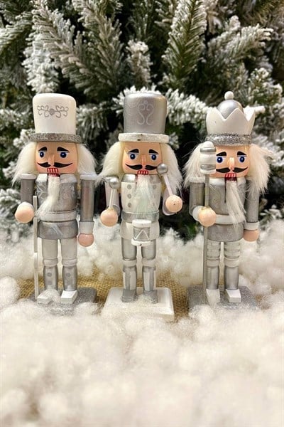 Gümüş Fındıkkıran 3lü Set 15 Cm Mızrak Davul Tüfekli Kurşun Asker Nutcracker Yılbaşı Yeni Yıl Dekor