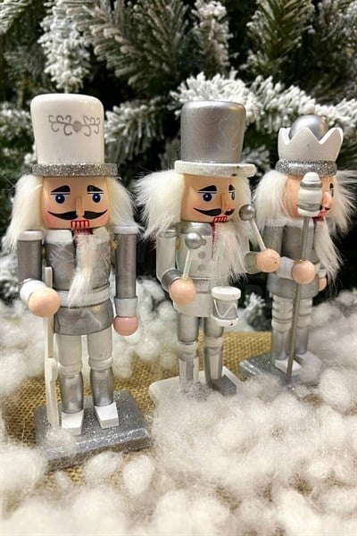 Gümüş Fındıkkıran 3lü Set 15 Cm Mızrak Davul Tüfekli Kurşun Asker Nutcracker Yılbaşı Yeni Yıl Dekor