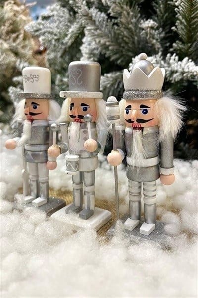 Gümüş Fındıkkıran 3lü Set 15 Cm Mızrak Davul Tüfekli Kurşun Asker Nutcracker Yılbaşı Yeni Yıl Dekor
