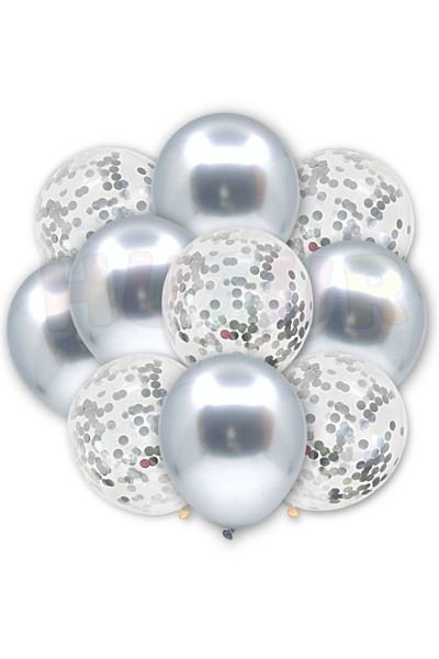 Gümüş Konfetili Şeffaf Ve Gümüş Krom Balon Seti 20 Adet 30 Cm Içi Gözüken Gri Pullu Balon Pulu Parti