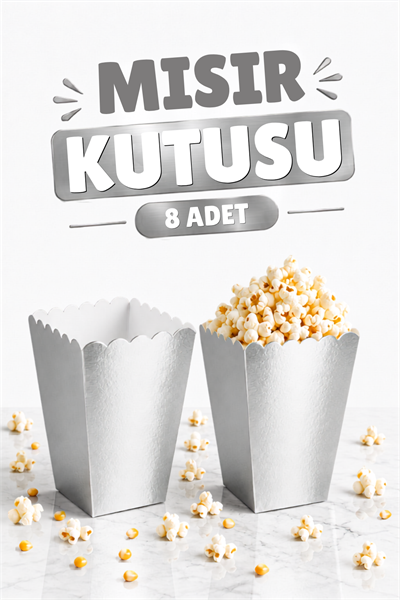 Gümüş Mısır Kutusu 8li Gri Karton Cips Kutusu Düz Renkli 8 Adet Silver Pop Corn Darı Kabı