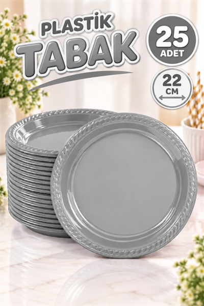 Gümüş Renginde 22cm 25li Parlak Tabak Renkli Dayanıklı Gri Plastik Doğum Günü Silver Parti Tabağı