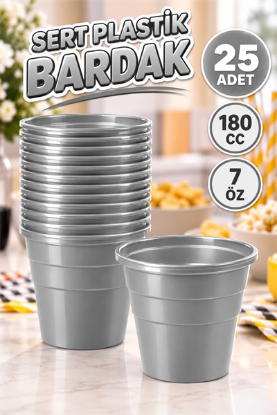 Gümüş Renk 25 Li Plastik Bardak Gri Rengi 180 Cc 7 Oz Silver Doğum Günü Partisi Meşrubat Bardağı