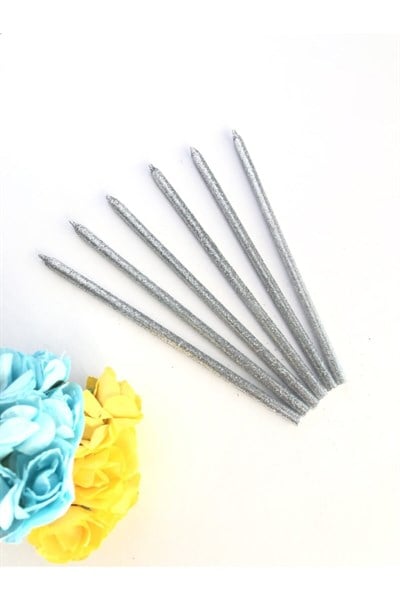 Gümüş Renkli 14 Cm Simli Göz Alıcı Gri Ince Işıl Işıl Silver 6 Lı Doğum Günü Parti Pasta Kek Mumu