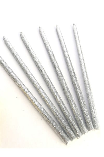 Gümüş Renkli 14 Cm Simli Göz Alıcı Gri Ince Işıl Işıl Silver 6 Lı Doğum Günü Parti Pasta Kek Mumu