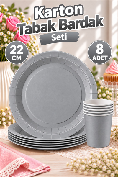Gümüş Renkli Dayanıklı Kullan At 8 Er Adet 22 Cm Doğum Günü Partisi Silver Karton Tabak Bardak Seti