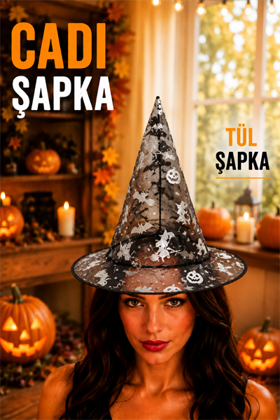 Gümüş Siyah Tül Şapka Halloween Partisi Cadılar Bayramı Gri Unisex Balkabağı Cadı Kedi Yarasa Detay