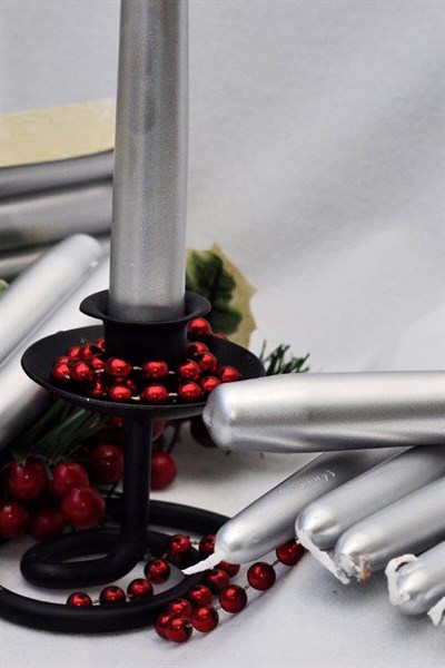Gümüş Varaklı Gri Renk Silindir Konik Şamdan Mumu Sedefli Uzun İnce 10lu 2x25 cm