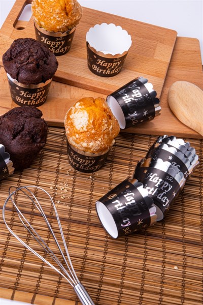 Gümüş Yaldızlı Siyah 12li Kek Kalıbı Happy Birthday Yazılı Fırında Dağılmayan 6.5x5 Cm Muffin