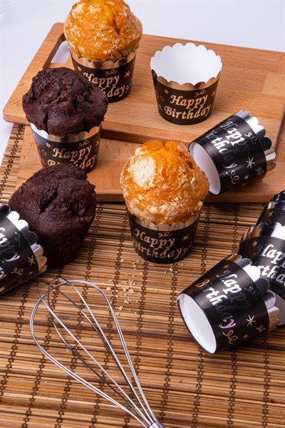 Gümüş Yaldızlı Siyah 12li Kek Kalıbı Happy Birthday Yazılı Fırında Dağılmayan 6.5x5 Cm Muffin