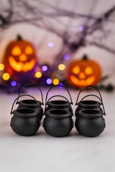Halloween Cadı Kazanı Mumluk 6Lı Siyah Renkli Pilli Pilsiz Mum Koyulabilen Cadılar Bayramı Süsü
