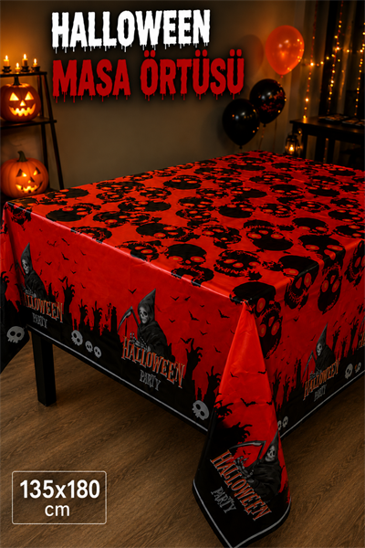 Halloween Desenli Masa Örtüsü 135x180 cm Kırmızı Siyah Cadılar Bayramı Parti Dekorasyon Süsü