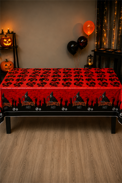 Halloween Desenli Masa Örtüsü 135x180 cm Kırmızı Siyah Cadılar Bayramı Parti Dekorasyon Süsü