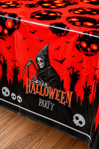 Halloween Desenli Masa Örtüsü 135x180 cm Kırmızı Siyah Cadılar Bayramı Parti Dekorasyon Süsü