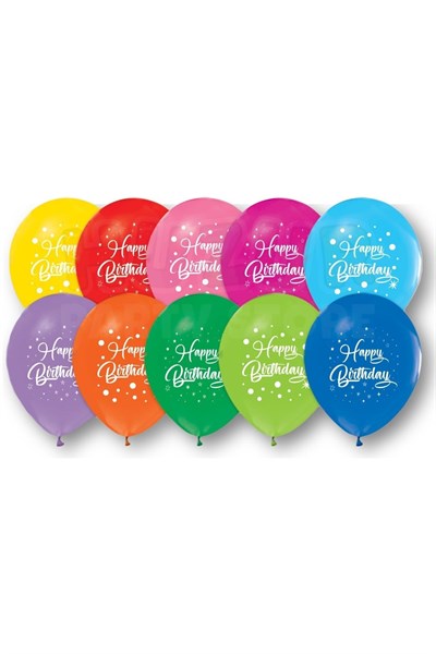 Happy Birthday 10 Adet Balon 30 Cm Yıldız Ve Puantiyeli Detay Baskı Karışık Renk Doğum Günü Partisi