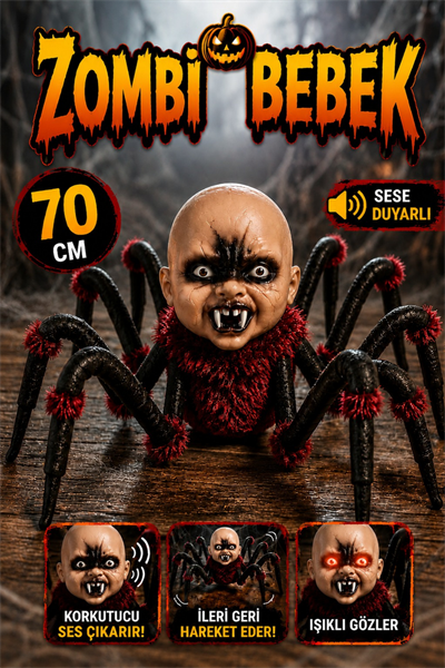 Hareket Eden Sesli Işıklı Örümcek Bebek 70 Cm Pilli Tüylü Halloween Cadılar Bayramı Sese Duyarlı