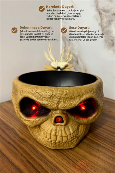 Hareketli Sesli Işıklı Kafatası Şeker Kovası Gizli İskelet Eli 25x12 Cm Halloween Cadılar Bayramı