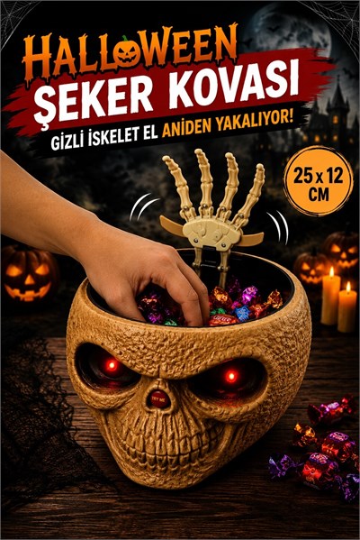 Hareketli Sesli Işıklı Kafatası Şeker Kovası Gizli İskelet Eli 25x12 Cm Halloween Cadılar Bayramı