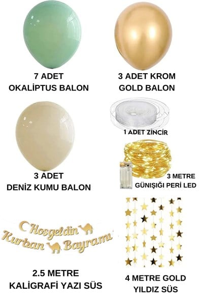 Hoşgeldin Kurban Bayramı Yazılı 17 Parça Süsleme Seti Led Işıklı Yazı Balon Zincir Yıldız Asılan Süs