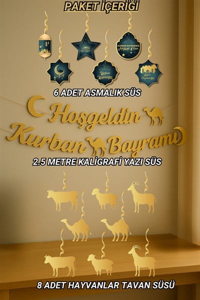 Hoşgeldin Kurban Bayramı Yazısı 6 Adet Tavan Süsü 8 Adet Hayvanlar Temalı Dini Süsleme Süs Seti