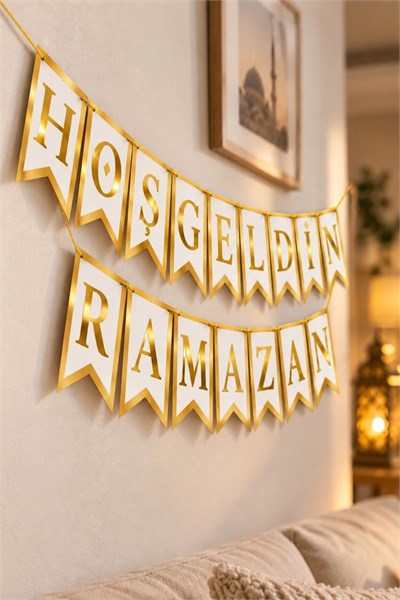 Hoşgeldin Ramazan Banner Yaldızlı Harf Duvar Süsü İpli Asma Dekor İftar Bayram Ev Süslemesi Gold