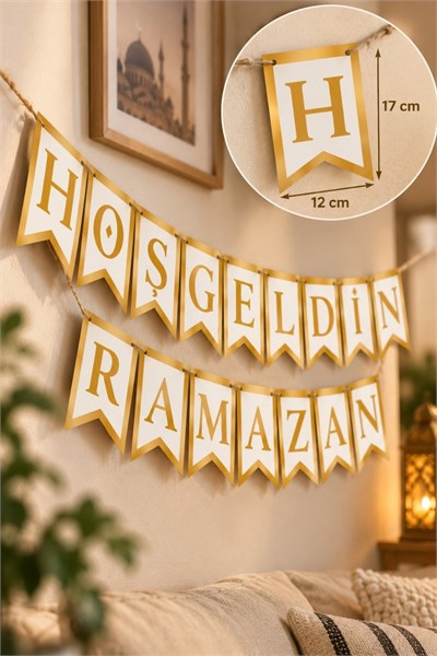 Hoşgeldin Ramazan Banner Yaldızlı Harf Duvar Süsü İpli Asma Dekor İftar Bayram Ev Süslemesi Gold