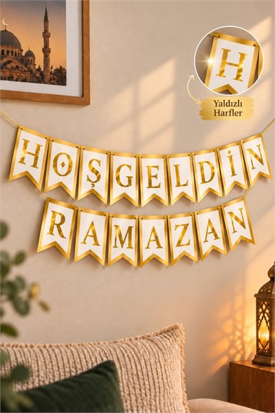 Hoşgeldin Ramazan Banner Yaldızlı Harf Duvar Süsü İpli Asma Dekor İftar Bayram Ev Süslemesi Gold
