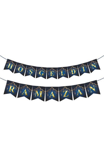 Hoşgeldin Ramazan Yaldızlı Parlak Yazı Zikzak Banner 2.5 Metre Lacivert Konsept Dini Bayram Süsü